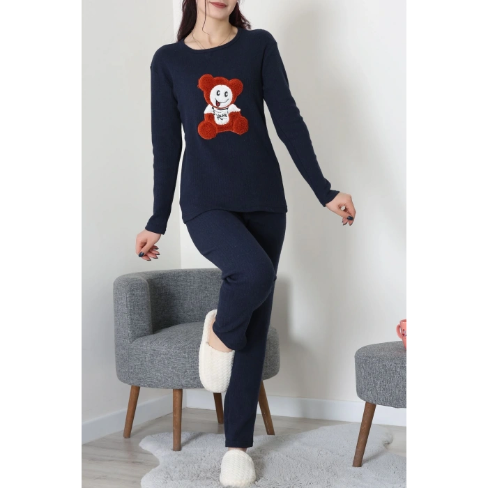 Nakışlı İnterlok Pijama Takımı Lacivertoranj - 800.1287.
