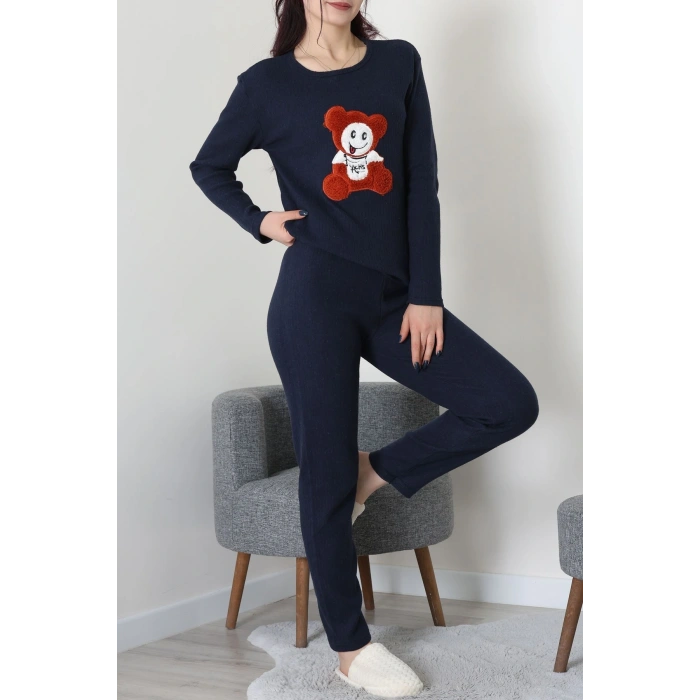 Nakışlı İnterlok Pijama Takımı Lacivertoranj - 800.1287.