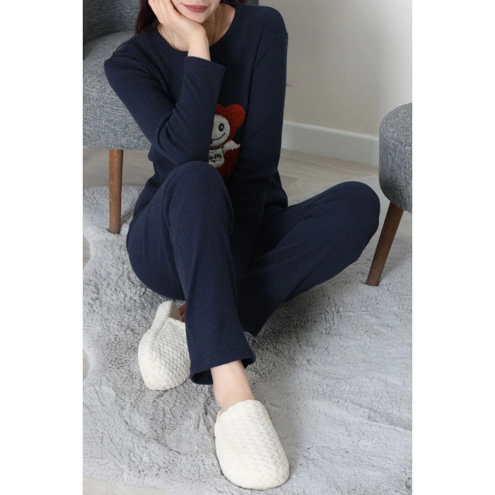 Nakışlı İnterlok Pijama Takımı Lacivertoranj - 800.1287.