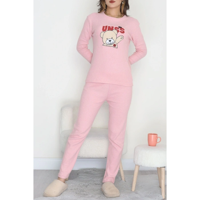 Nakışlı İnterlok Pijama Takımı Pudrabej - 800.1287.