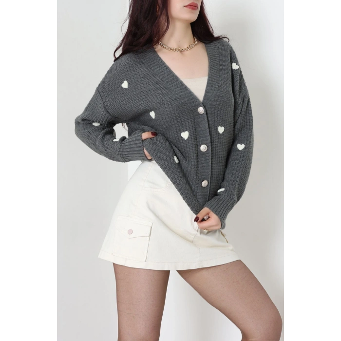 Nakışlı Kalpli Hırka Fümelatte - 444.1577.