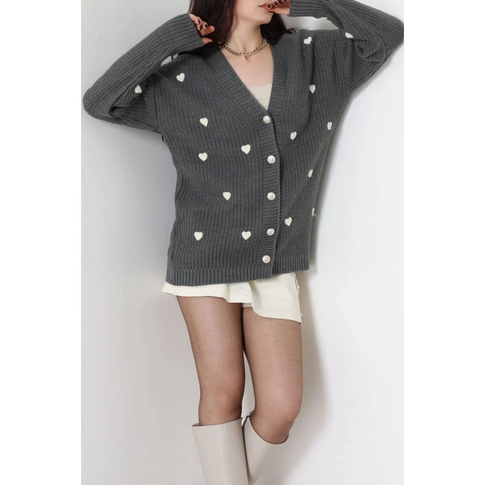 Nakışlı Kalpli Hırka Fümelatte - 444.1577.