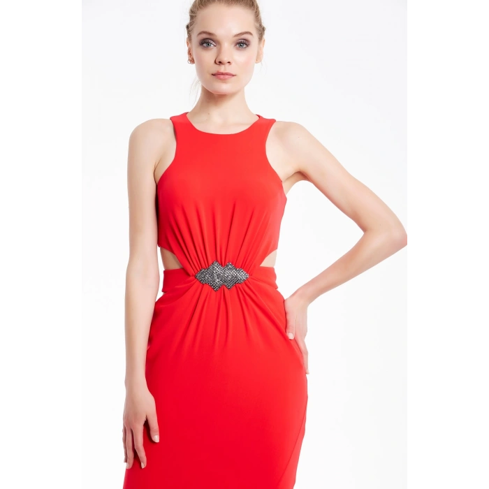 Nar Çiçeği Uzun Abiye Elbise