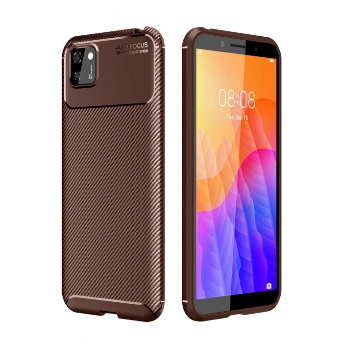 Newface Huawei Y5P Kılıf Auto Focus Karbon Kapak - Kahverengi
