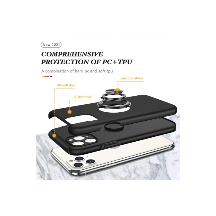 Newface iPhone 11 Pro Max Kılıf Elit Yüzüklü Kapak - Siyah