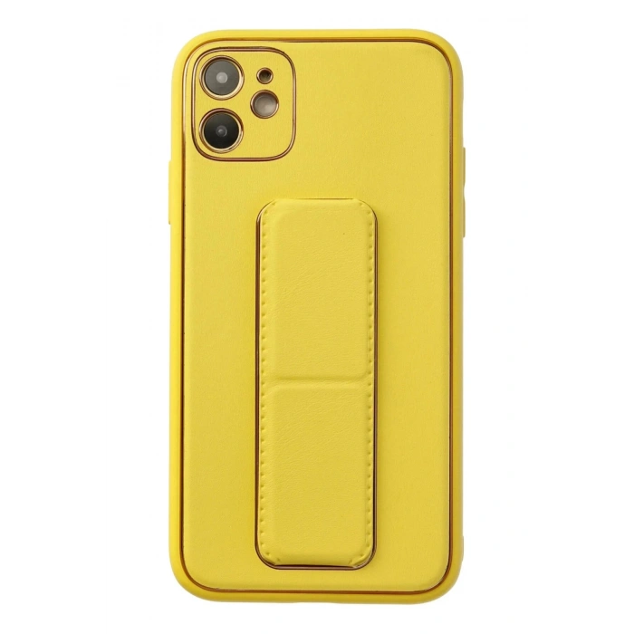 Newface iPhone 12 Kılıf Coco Deri Standlı Kapak - Sarı