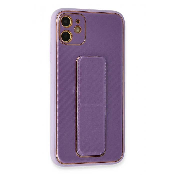 Newface iPhone 12 Kılıf Coco Karbon Standlı Kapak - Mor