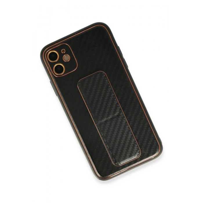 Newface iPhone 12 Kılıf Coco Karbon Standlı Kapak - Siyah