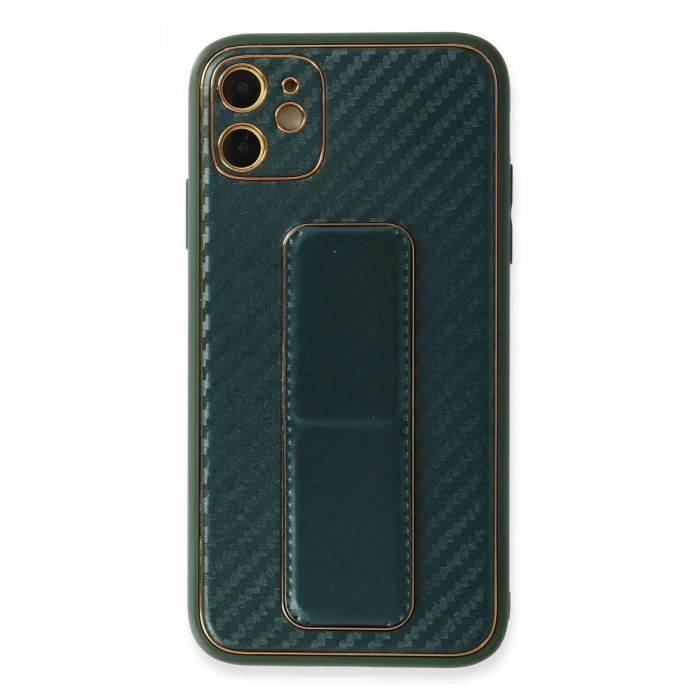 Newface iPhone 12 Kılıf Coco Karbon Standlı Kapak - Yeşil