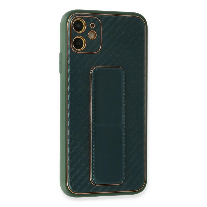 Newface iPhone 12 Kılıf Coco Karbon Standlı Kapak - Yeşil