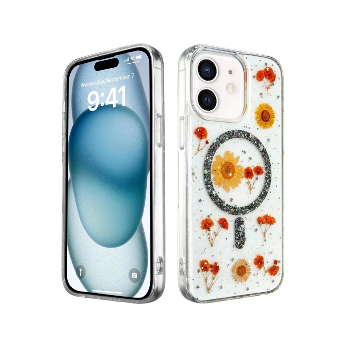 Newface iPhone 12 Kılıf Daisy Simli Magsafe Kapak - Siyah