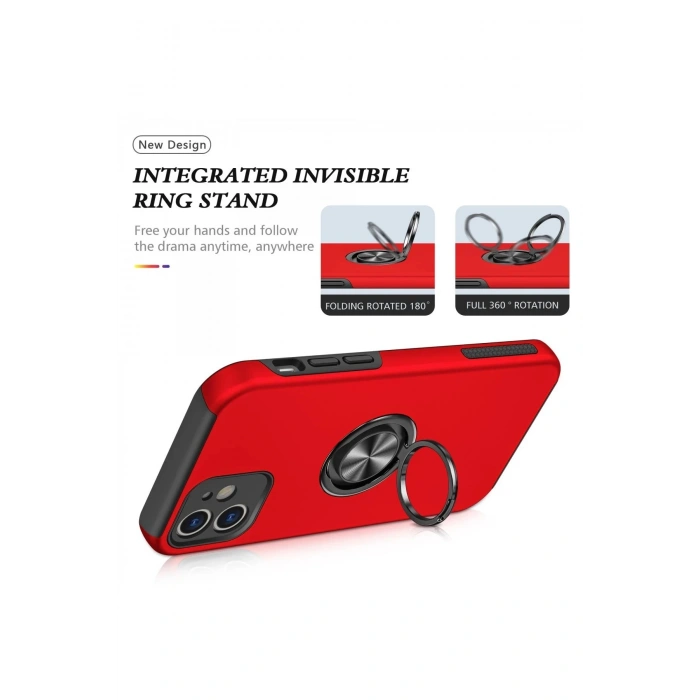 Newface iPhone 12 Kılıf Elit Yüzüklü Kapak - Kırmızı