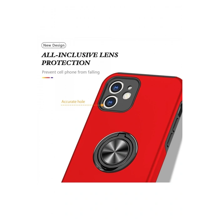 Newface iPhone 12 Kılıf Elit Yüzüklü Kapak - Kırmızı