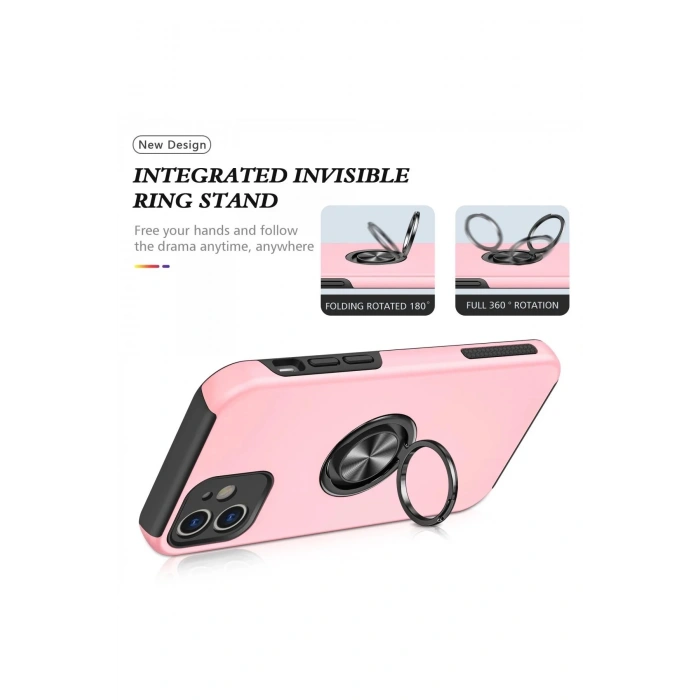 Newface iPhone 12 Kılıf Elit Yüzüklü Kapak - Pembe
