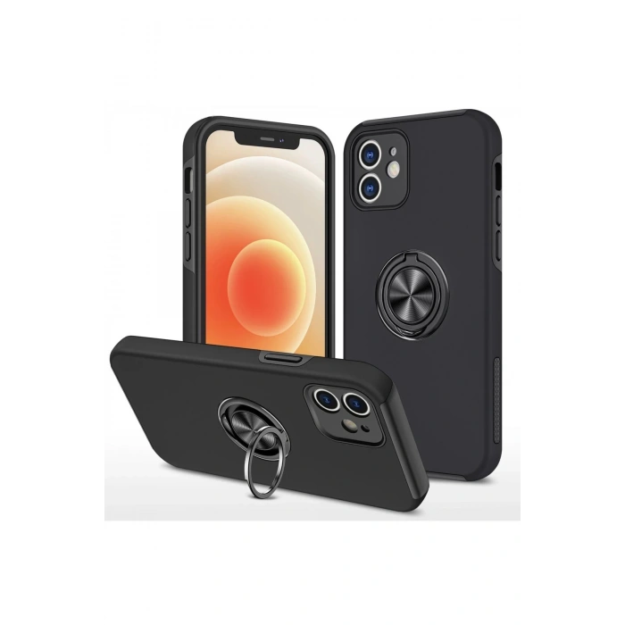 Newface iPhone 12 Kılıf Elit Yüzüklü Kapak - Siyah