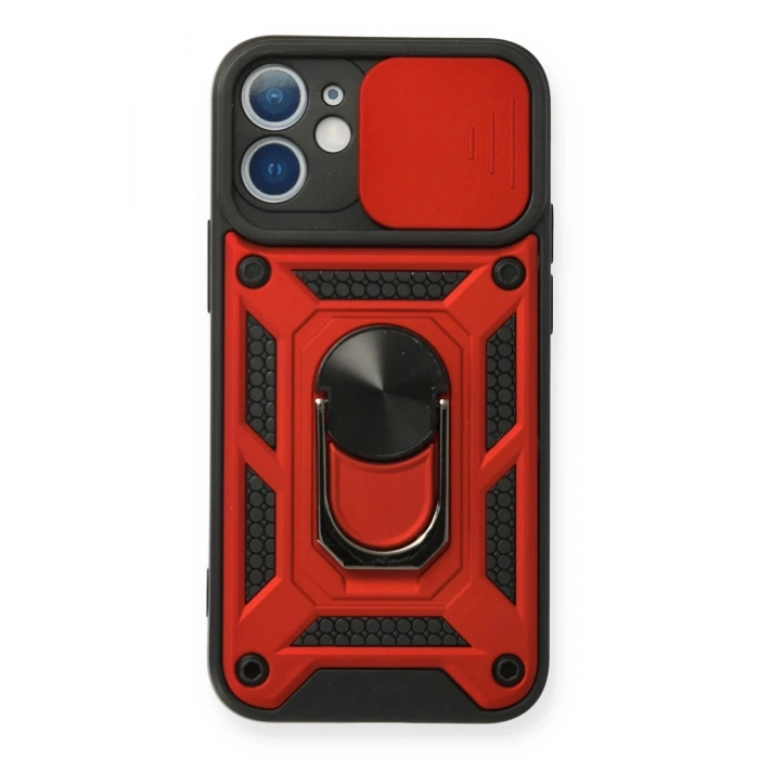 Newface iPhone 12 Mini Kılıf Pars Lens Yüzüklü Silikon - Kırmızı