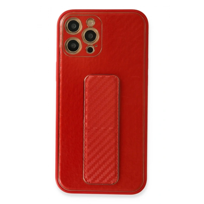 Newface iPhone 12 Pro Kılıf Coco Karbon Standlı Kapak - Kırmızı