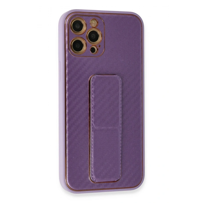 Newface iPhone 12 Pro Kılıf Coco Karbon Standlı Kapak - Mor