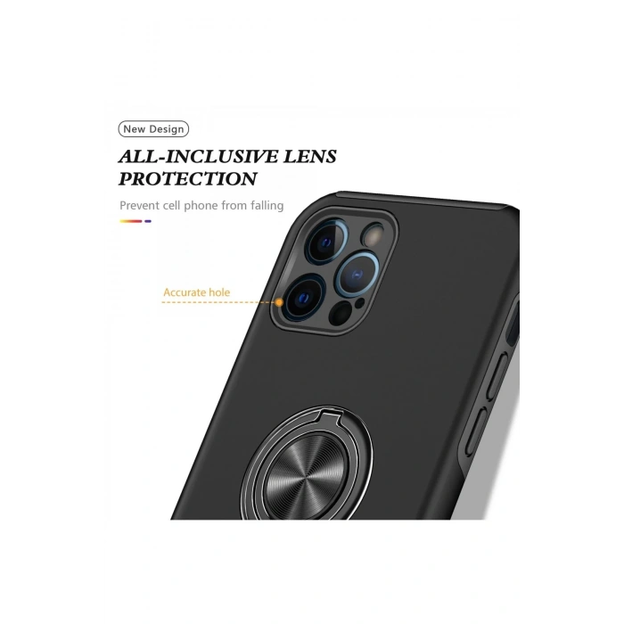 Newface iPhone 12 Pro Kılıf Elit Yüzüklü Kapak - Siyah