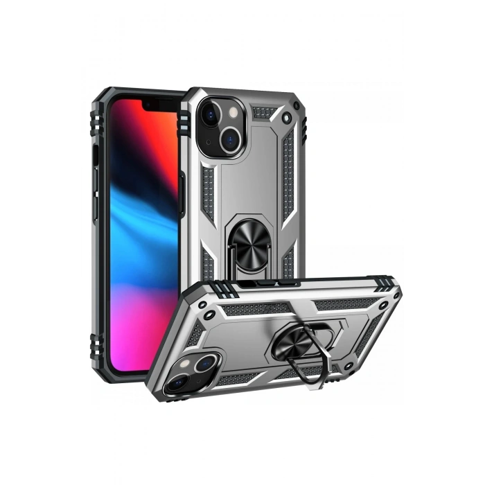 Newface iPhone 13 Kılıf Sofya Yüzüklü Silikon Kapak - Gümüş