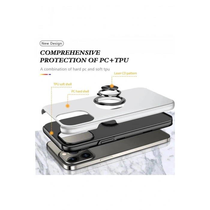 Newface iPhone 13 Pro Kılıf Elit Yüzüklü Kapak - Gümüş