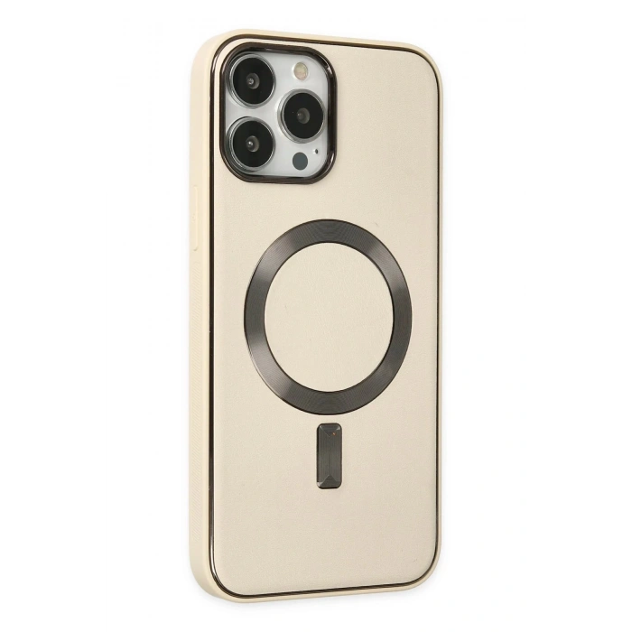 Newface iPhone 13 Pro Max Kılıf Coco Deri Magneticsafe Silikon - Krem