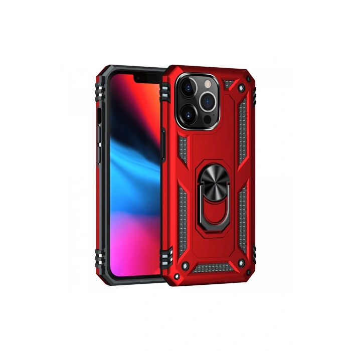 Newface iPhone 13 Pro Max Kılıf Sofya Yüzüklü Silikon Kapak - Kırmızı