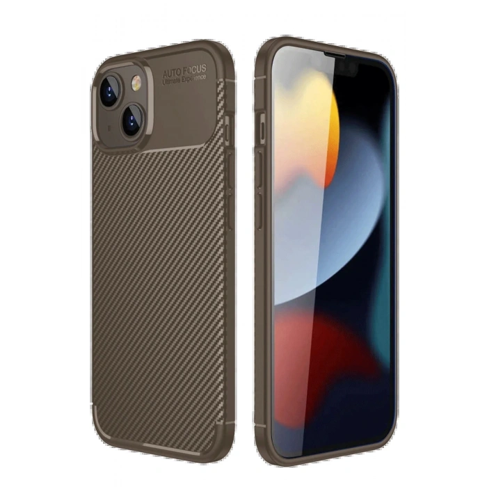 Newface iPhone 14 Kılıf Auto Focus Karbon Kapak - Kahverengi
