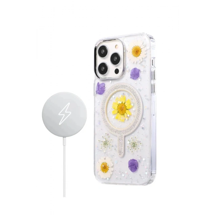 Newface iPhone 14 Pro Max Flower Magsafe Kapak - Krem