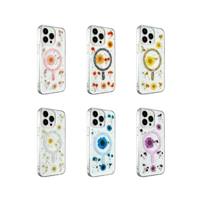 Newface iPhone 14 Pro Max Kılıf Daisy Simli Magsafe Kapak - Gümüş