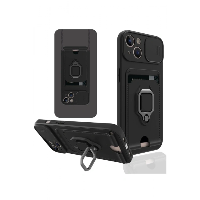 Newface iPhone 15 Kılıf Zuma Kartvizitli Yüzüklü Silikon - Siyah