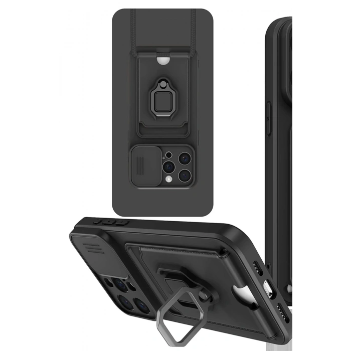 Newface iPhone 15 Pro Kılıf Zuma Kartvizitli Yüzüklü Silikon - Siyah