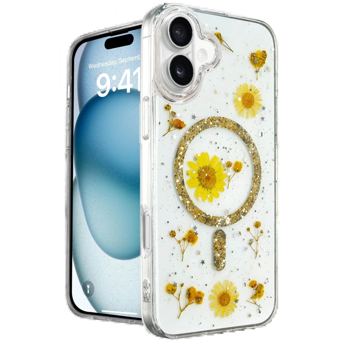 Newface iPhone 16 Kılıf Daisy Simli Magsafe Kapak - Gold