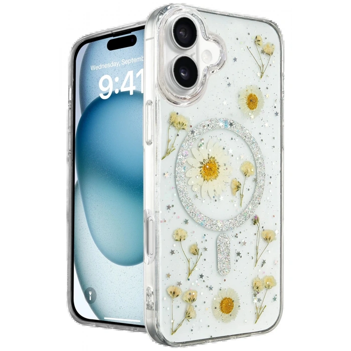 Newface iPhone 16 Kılıf Daisy Simli Magsafe Kapak - Gümüş