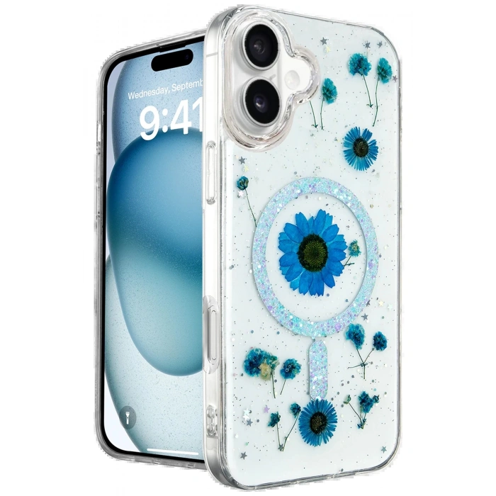 Newface iPhone 16 Kılıf Daisy Simli Magsafe Kapak - Mavi