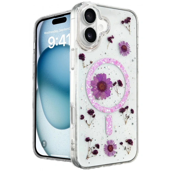 Newface iPhone 16 Kılıf Daisy Simli Magsafe Kapak - Mor