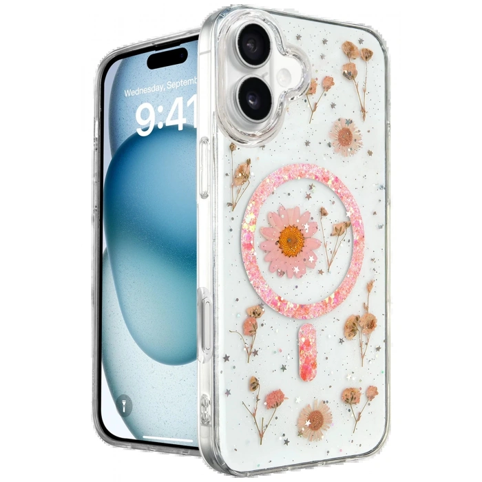 Newface iPhone 16 Kılıf Daisy Simli Magsafe Kapak - Pembe