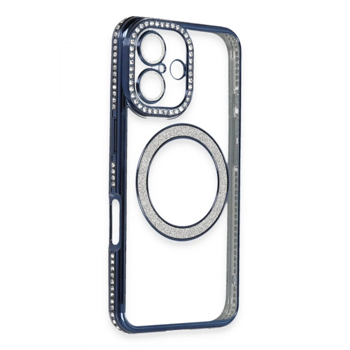 Newface iPhone 16 Kılıf Joke Simli Magneticsafe Kılıf - Lacivert