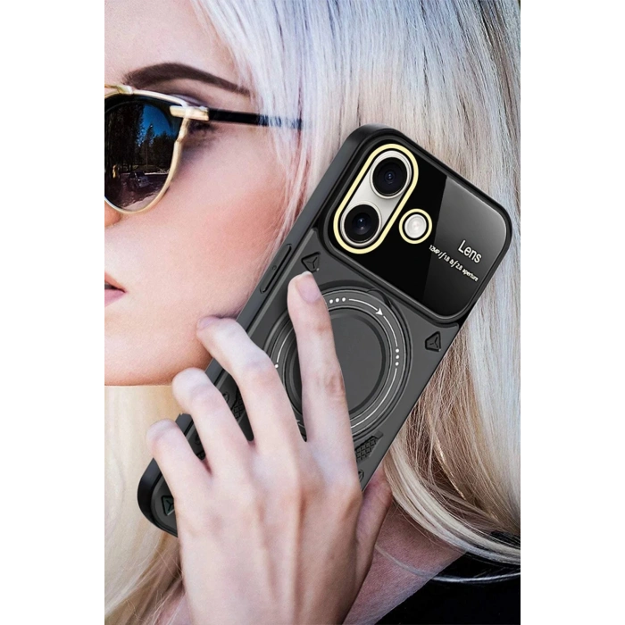 Newface iPhone 16 Kılıf Joy Lens Standlı Kapak - Siyah