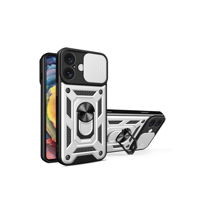 Newface iPhone 16 Kılıf Pars Lens Yüzüklü Silikon - Gümüş