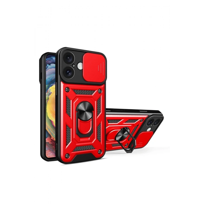 Newface iPhone 16 Kılıf Pars Lens Yüzüklü Silikon - Kırmızı