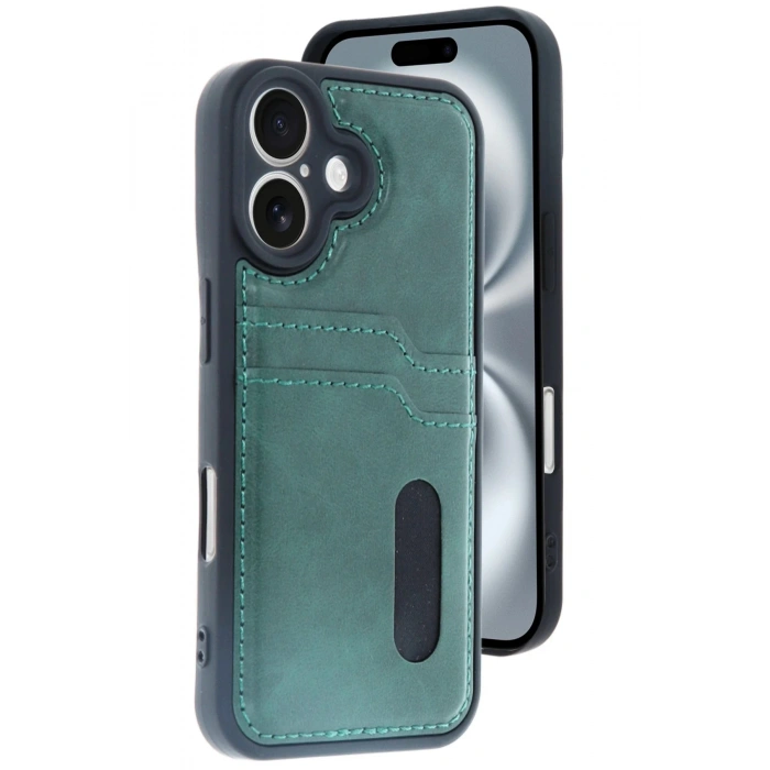 Newface iPhone 16 Kılıf Sara Kartvizitli Deri Kılıf - Koyu Yeşil