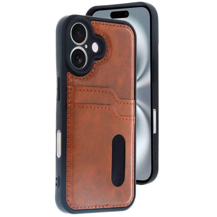 Newface iPhone 16 Kılıf Sara Kartvizitli Deri Kılıf - Taba