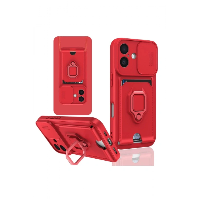 Newface iPhone 16 Kılıf Zuma Kartvizitli Yüzüklü Silikon - Kırmızı