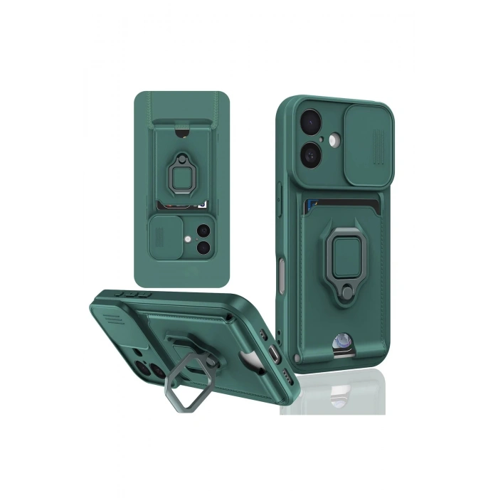 Newface iPhone 16 Kılıf Zuma Kartvizitli Yüzüklü Silikon - Yeşil