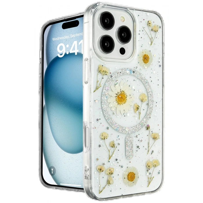 Newface iPhone 16 Pro Kılıf Daisy Simli Magsafe Kapak - Gümüş