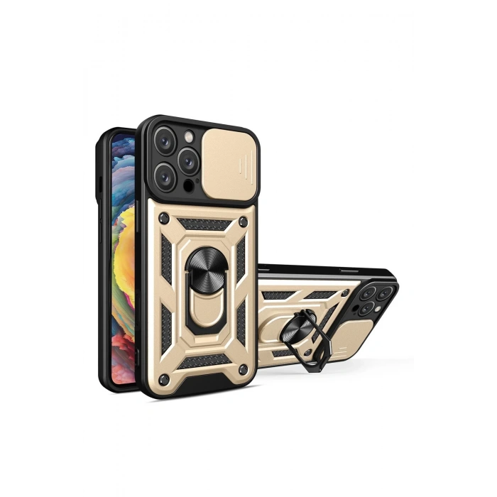 Newface iPhone 16 Pro Kılıf Pars Lens Yüzüklü Silikon - Gold