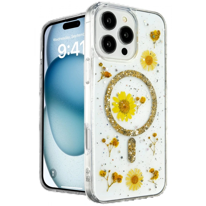 Newface iPhone 16 Pro Max Kılıf Daisy Simli Magsafe Kapak - Gold