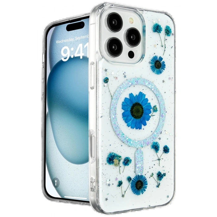 Newface iPhone 16 Pro Max Kılıf Daisy Simli Magsafe Kapak - Mavi