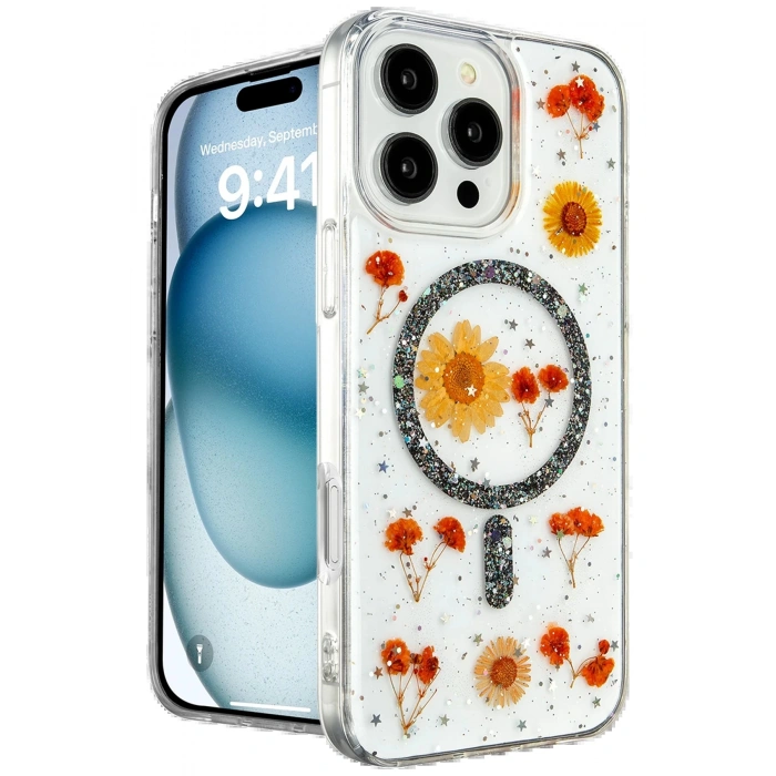 Newface iPhone 16 Pro Max Kılıf Daisy Simli Magsafe Kapak - Siyah